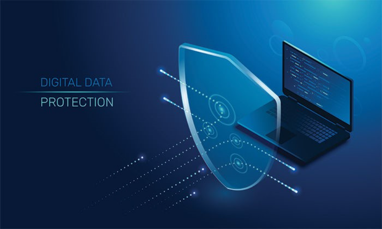 isometric vector image on a dark background, a transparent shield covering the laptop from virus attacks, protection of digital data