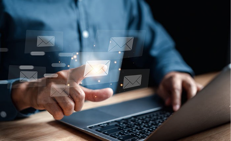 Businessman sending email by laptop computer to customer, business contact and communication, email icon, email marketing concept, send e-mail or newsletter, online working internet network.