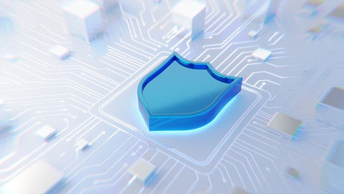 Digital security and safety concept. Blue glossy shield icon on abstract circuit board with zoom in and lens distortion effect