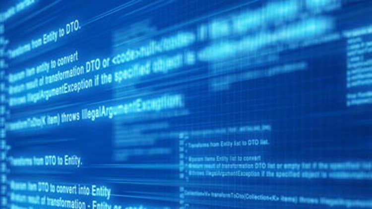 Computer code. Deep blue screen.